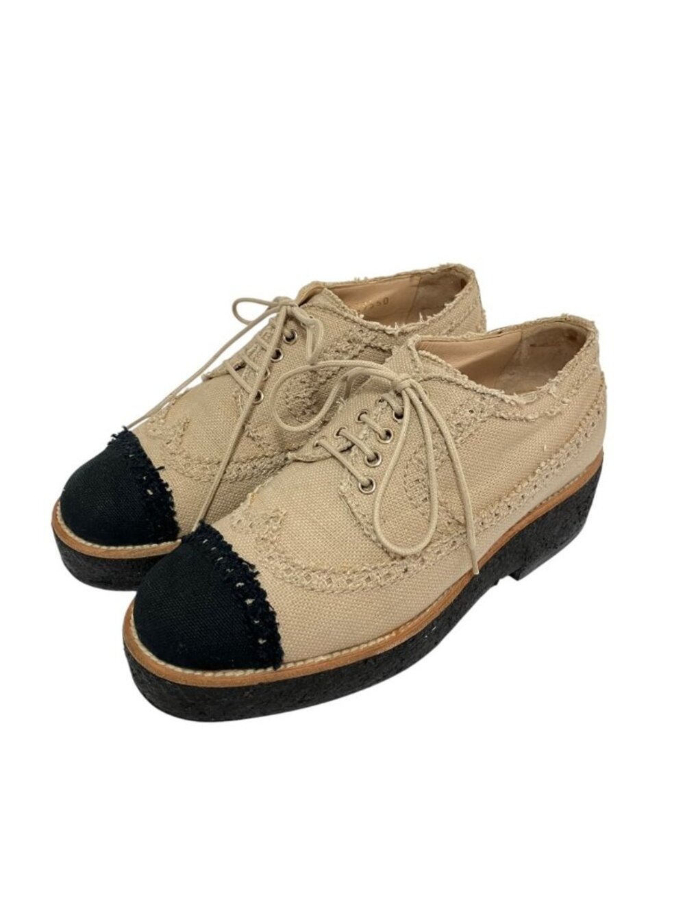 Chanel CC Logo Canvas Wingtip Rubber Sole Shoes Beige Black Spring